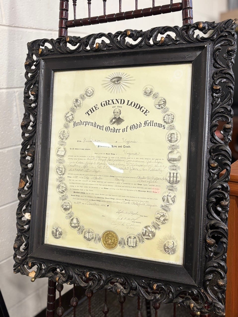 The framed charter of Lodge 281.
